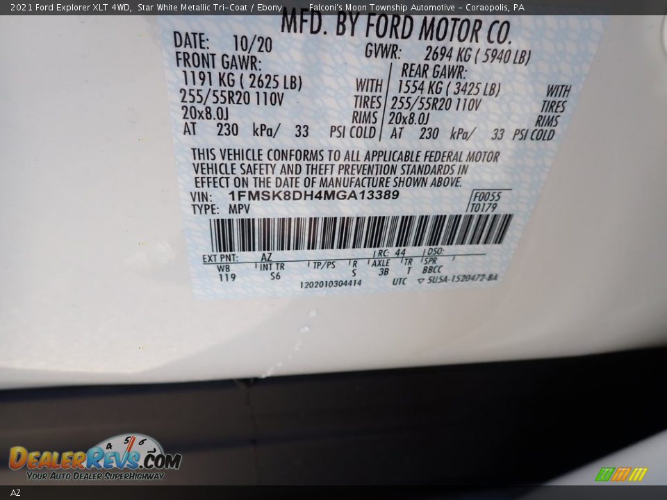 Ford Color Code AZ Star White Metallic Tri-Coat