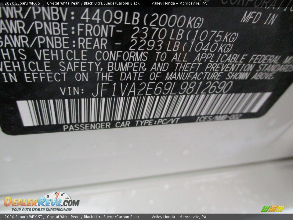 2020 Subaru WRX STI Crystal White Pearl / Black Ultra Suede/Carbon Black Photo #19