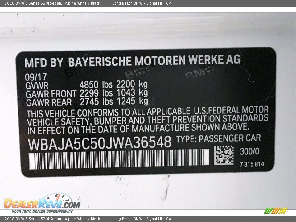 2018 BMW 5 Series 530i Sedan Alpine White / Black Photo #36