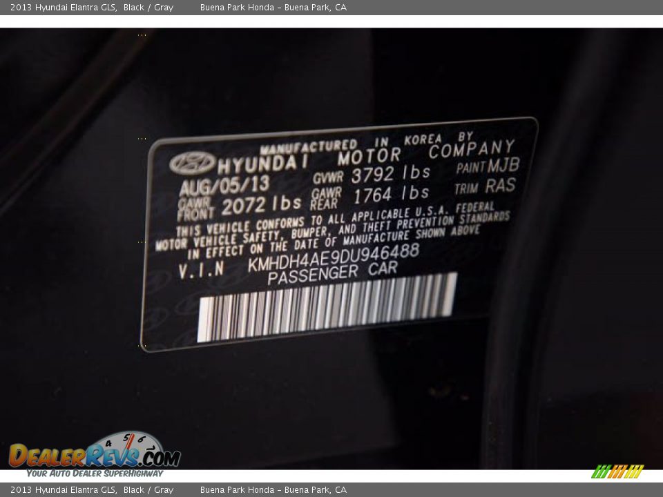 2013 Hyundai Elantra GLS Black / Gray Photo #32