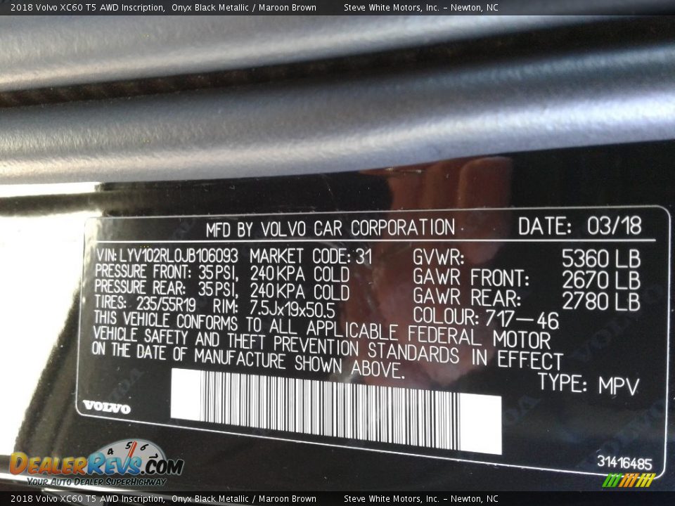 2018 Volvo XC60 T5 AWD Inscription Onyx Black Metallic / Maroon Brown Photo #31