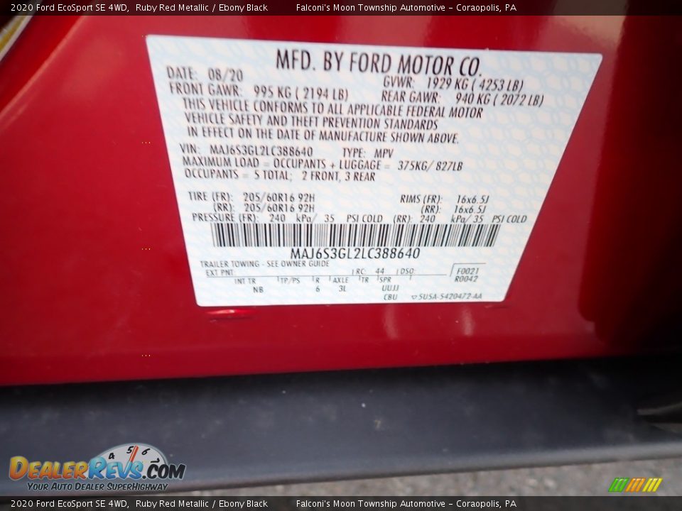 2020 Ford EcoSport SE 4WD Ruby Red Metallic / Ebony Black Photo #12