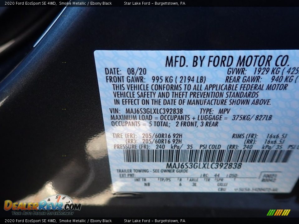 2020 Ford EcoSport SE 4WD Smoke Metallic / Ebony Black Photo #14
