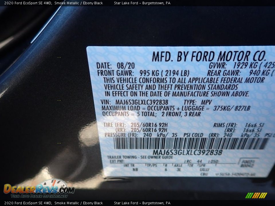 2020 Ford EcoSport SE 4WD Smoke Metallic / Ebony Black Photo #14
