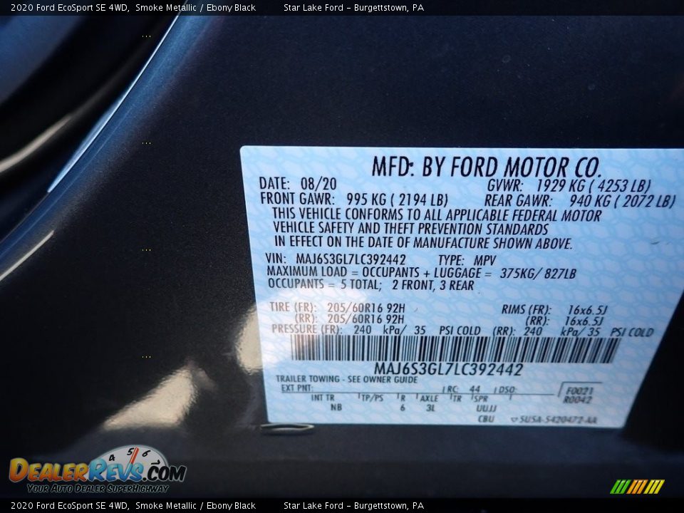 2020 Ford EcoSport SE 4WD Smoke Metallic / Ebony Black Photo #14