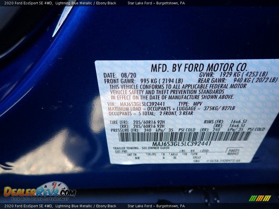 2020 Ford EcoSport SE 4WD Lightning Blue Metallic / Ebony Black Photo #14