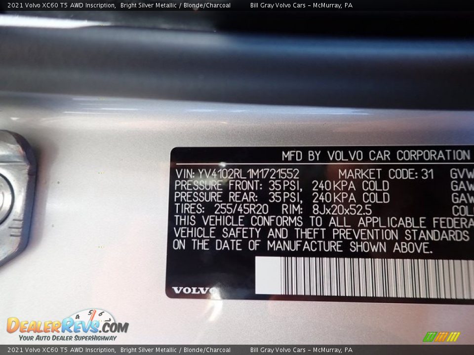 2021 Volvo XC60 T5 AWD Inscription Bright Silver Metallic / Blonde/Charcoal Photo #11