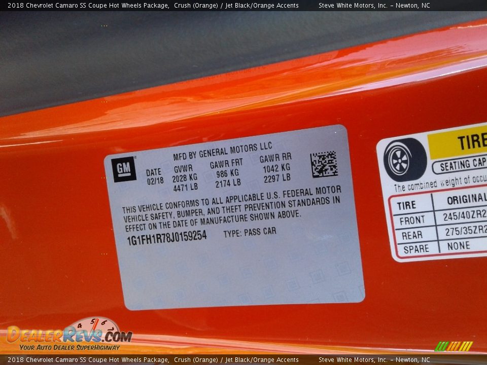 2018 Chevrolet Camaro SS Coupe Hot Wheels Package Crush (Orange) / Jet Black/Orange Accents Photo #33