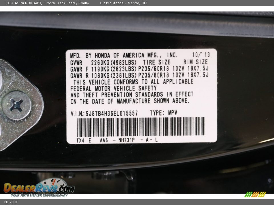 Acura Color Code NH731P Crystal Black Pearl