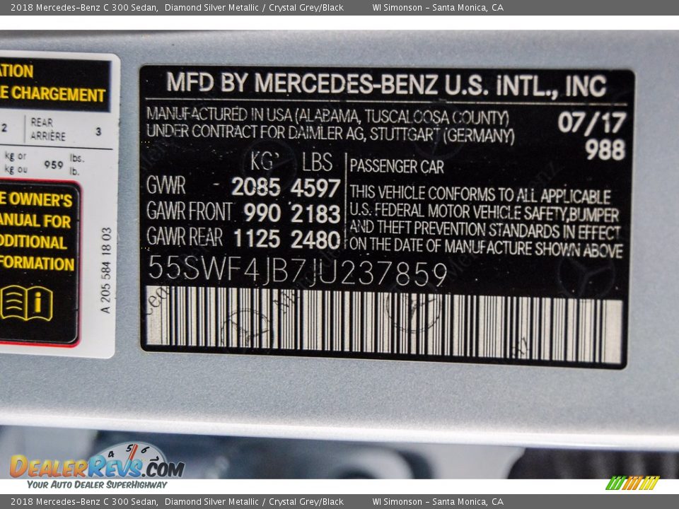 2018 Mercedes-Benz C 300 Sedan Diamond Silver Metallic / Crystal Grey/Black Photo #10