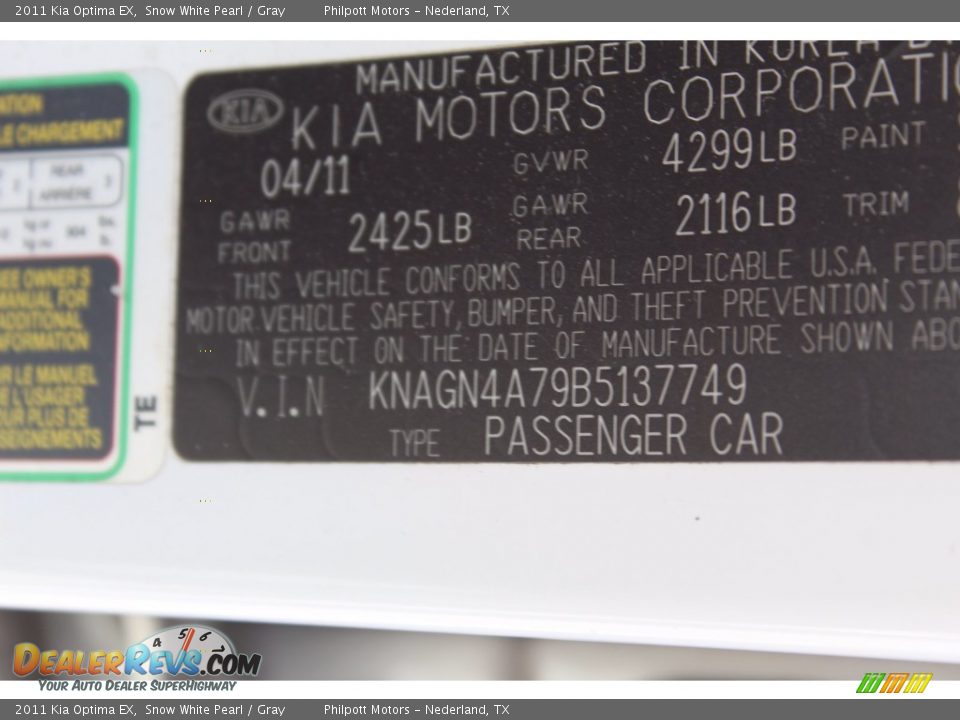 2011 Kia Optima EX Snow White Pearl / Gray Photo #27