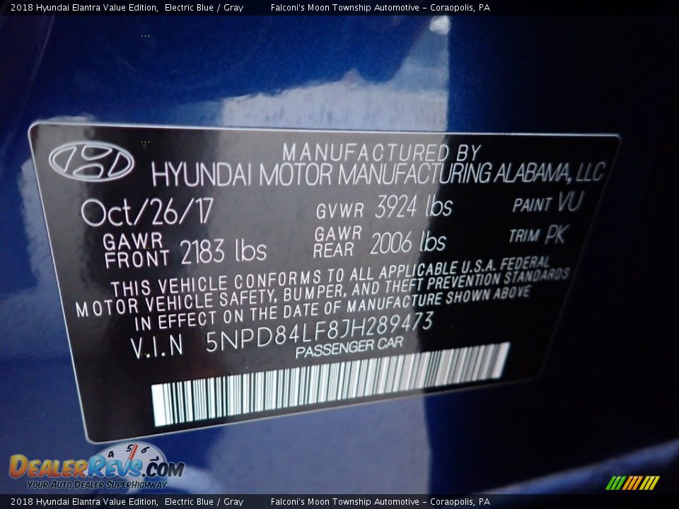 2018 Hyundai Elantra Value Edition Electric Blue / Gray Photo #23