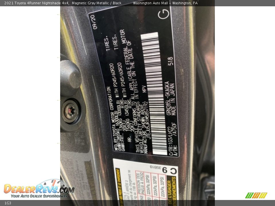 Toyota Color Code 1G3 Magnetic Gray Metallic