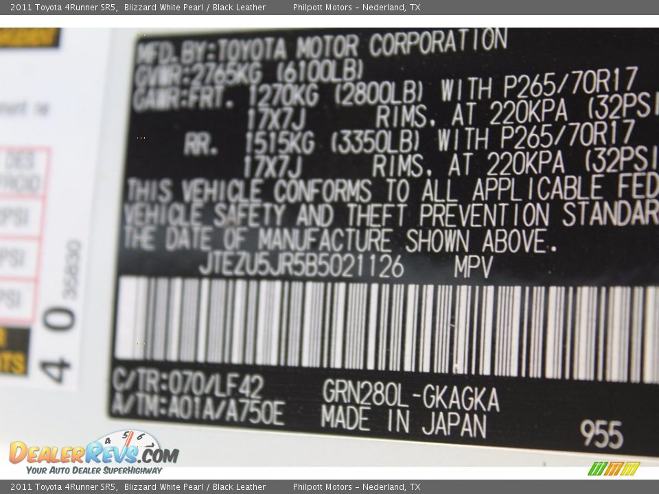 2011 Toyota 4Runner SR5 Blizzard White Pearl / Black Leather Photo #26