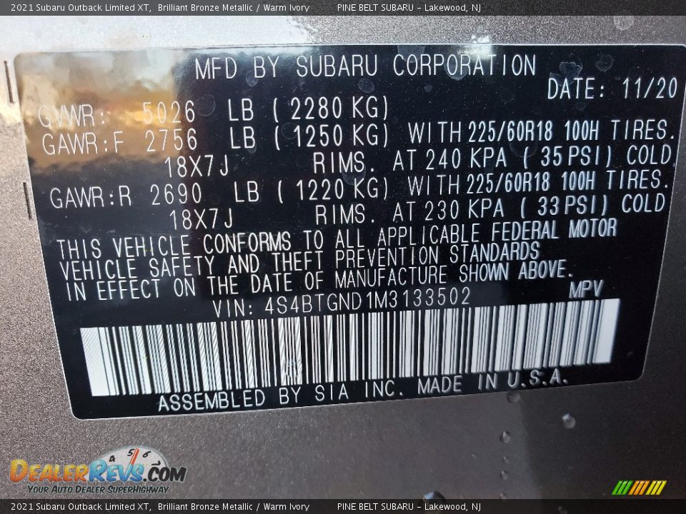 2021 Subaru Outback Limited XT Brilliant Bronze Metallic / Warm Ivory Photo #13