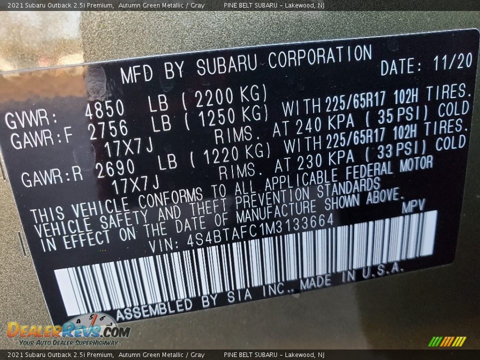 2021 Subaru Outback 2.5i Premium Autumn Green Metallic / Gray Photo #13