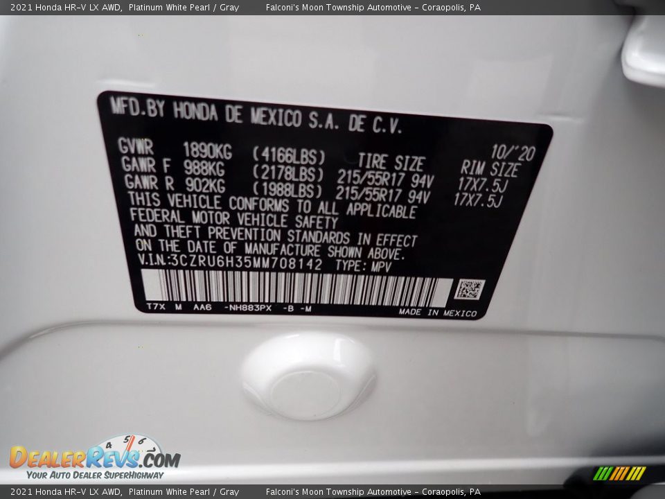 2021 Honda HR-V LX AWD Platinum White Pearl / Gray Photo #13