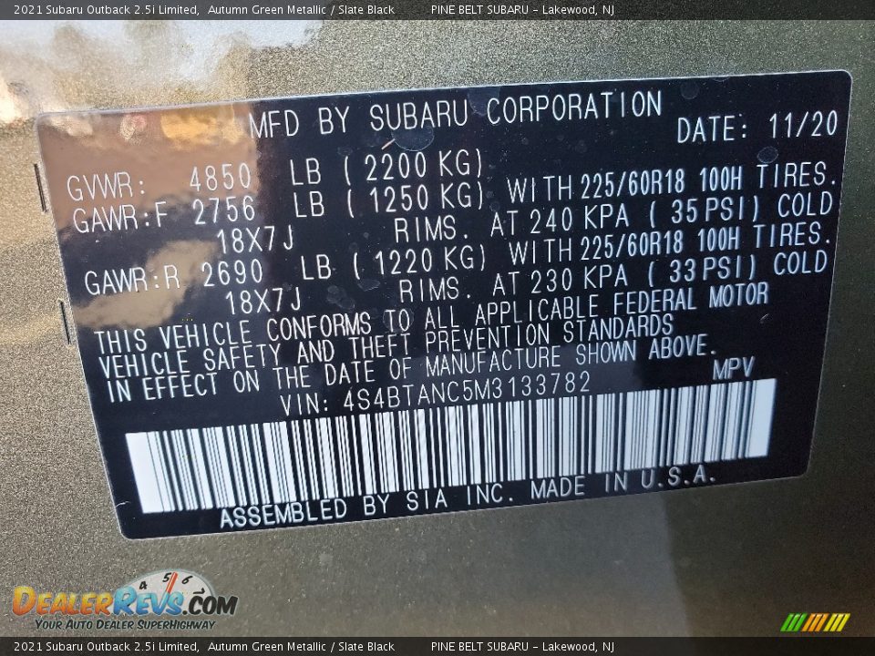 2021 Subaru Outback 2.5i Limited Autumn Green Metallic / Slate Black Photo #13