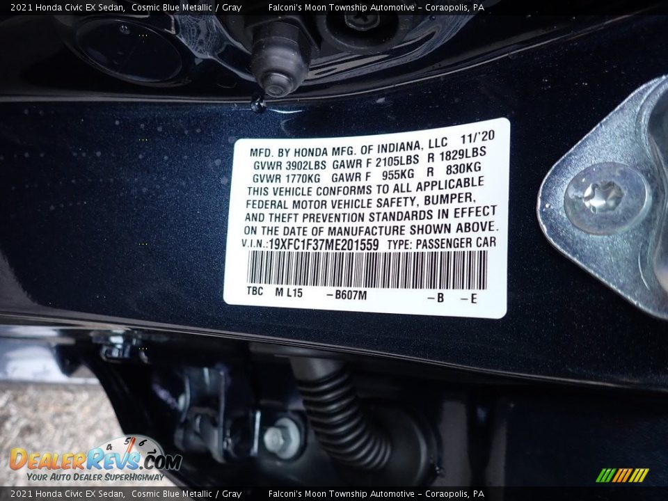 2021 Honda Civic EX Sedan Cosmic Blue Metallic / Gray Photo #12