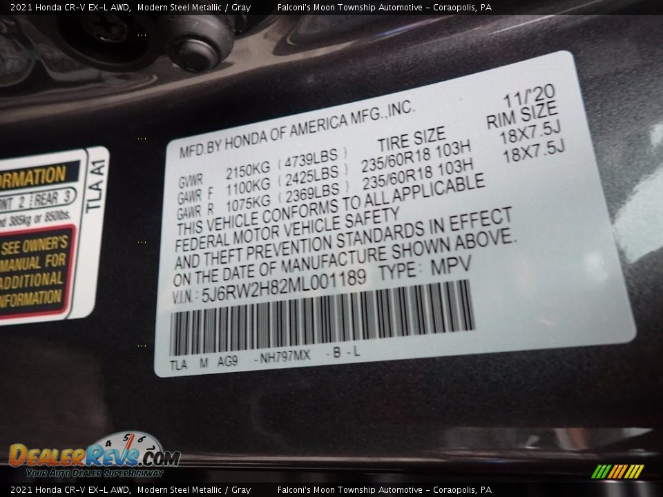 2021 Honda CR-V EX-L AWD Modern Steel Metallic / Gray Photo #12