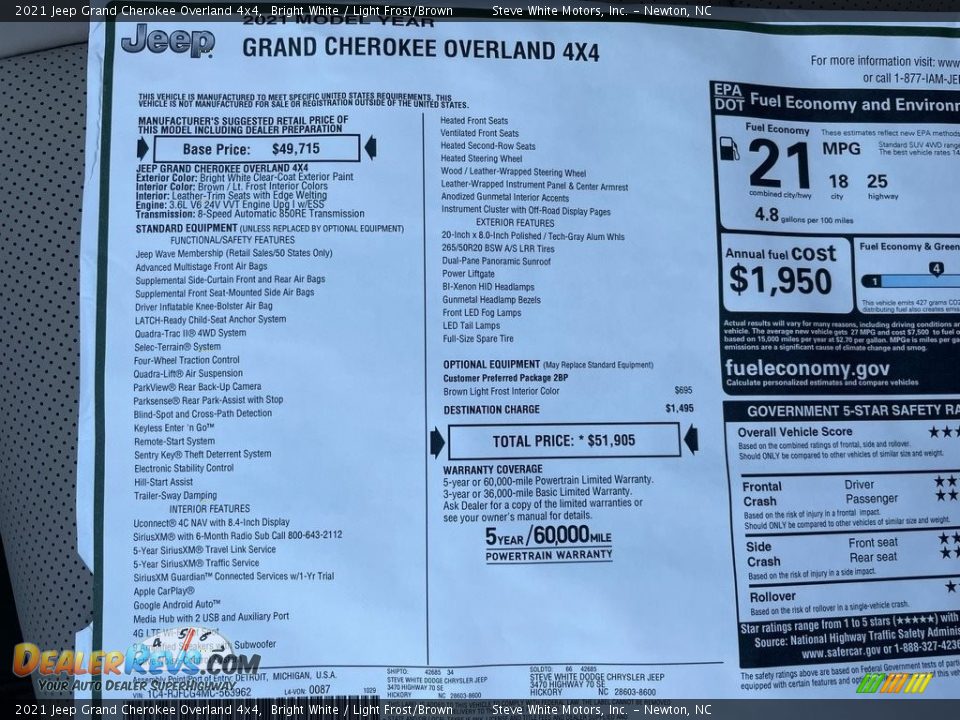 2021 Jeep Grand Cherokee Overland 4x4 Bright White / Light Frost/Brown Photo #33