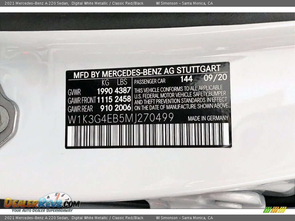 2021 Mercedes-Benz A 220 Sedan Digital White Metallic / Classic Red/Black Photo #11