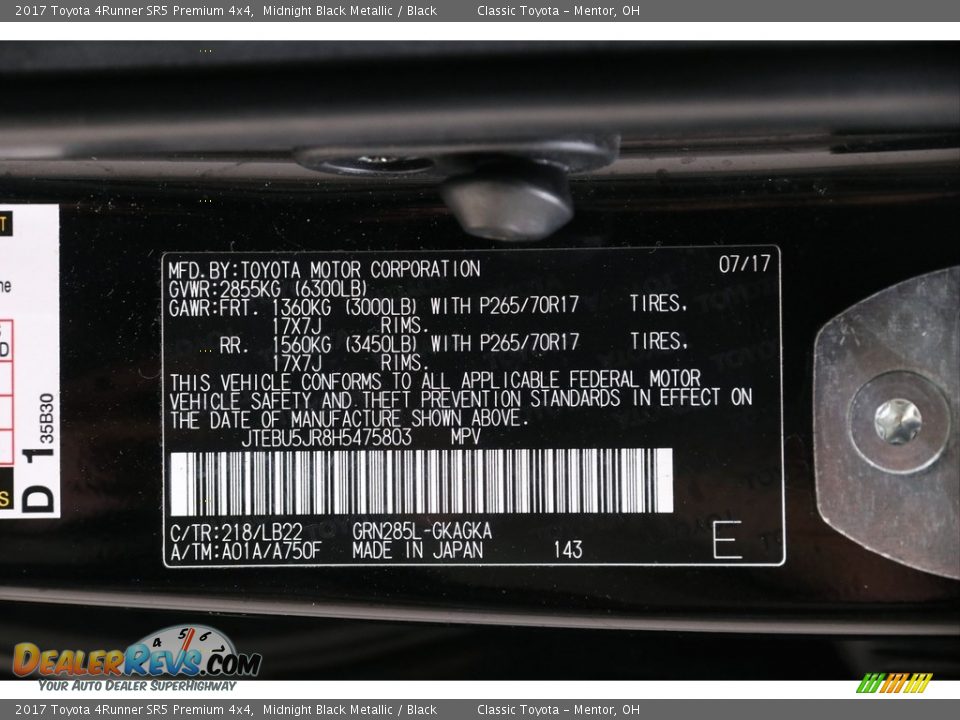 2017 Toyota 4Runner SR5 Premium 4x4 Midnight Black Metallic / Black Photo #22