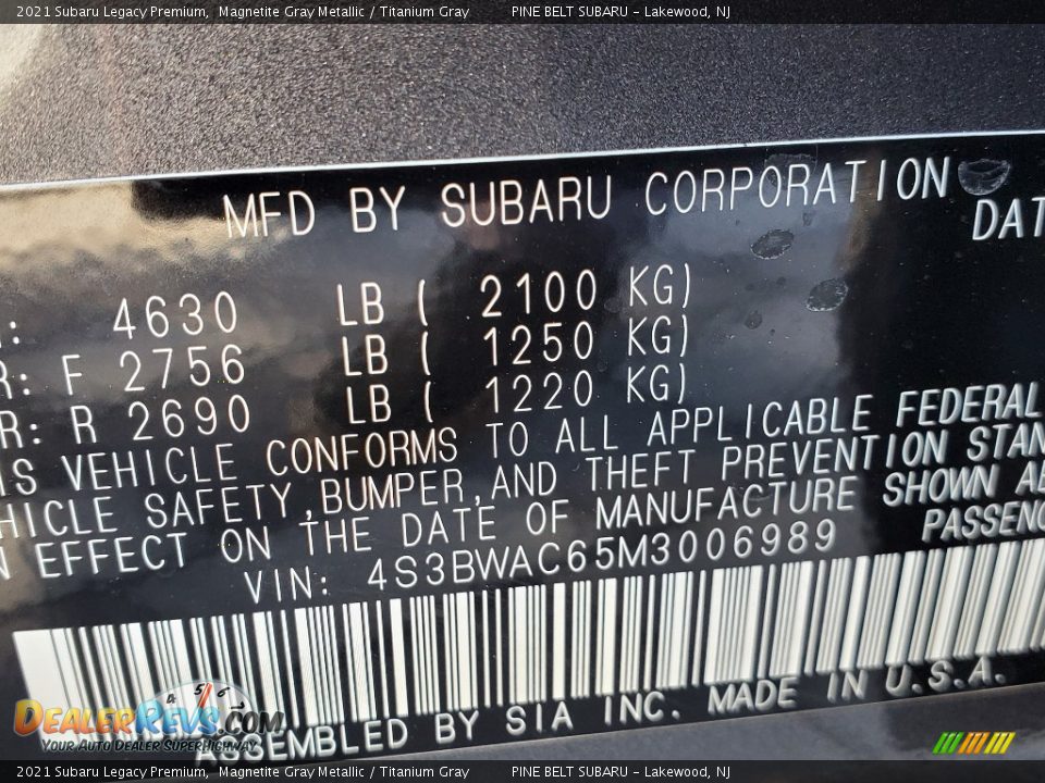 2021 Subaru Legacy Premium Magnetite Gray Metallic / Titanium Gray Photo #13