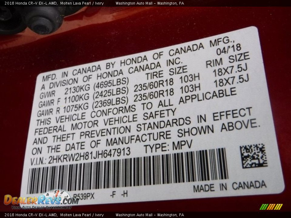 2018 Honda CR-V EX-L AWD Molten Lava Pearl / Ivory Photo #26