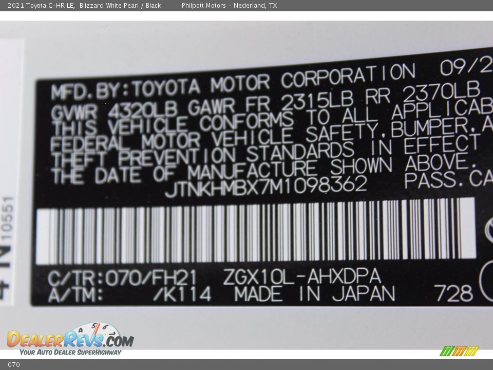 Toyota Color Code 070 Blizzard White Pearl