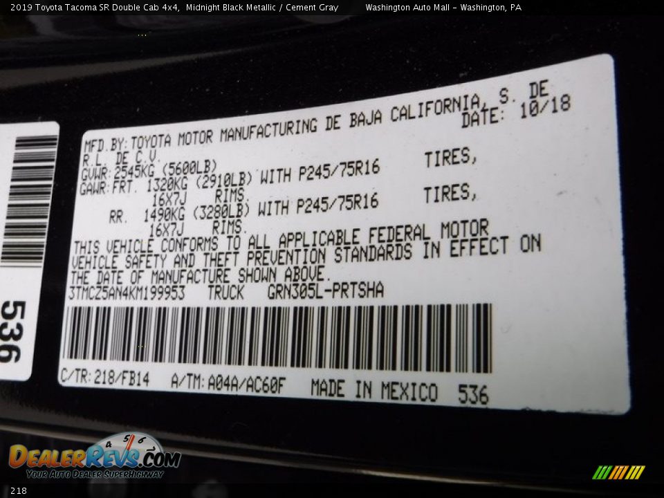 Toyota Color Code 218 Midnight Black Metallic