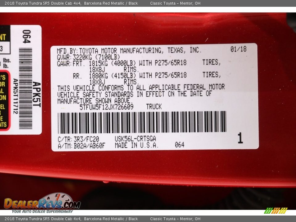 2018 Toyota Tundra SR5 Double Cab 4x4 Barcelona Red Metallic / Black Photo #20