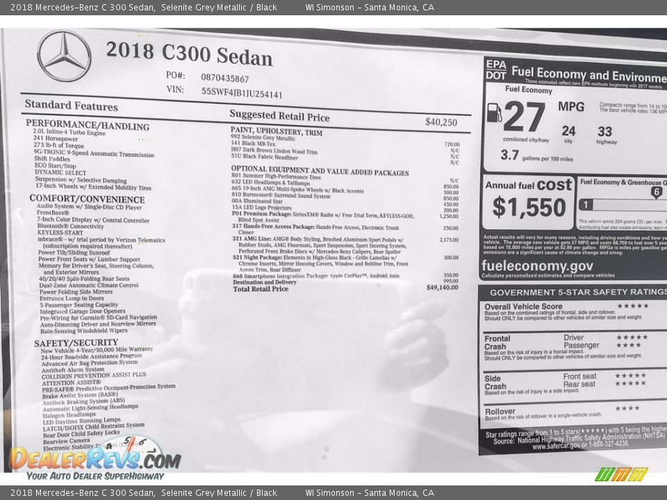 2018 Mercedes-Benz C 300 Sedan Selenite Grey Metallic / Black Photo #11