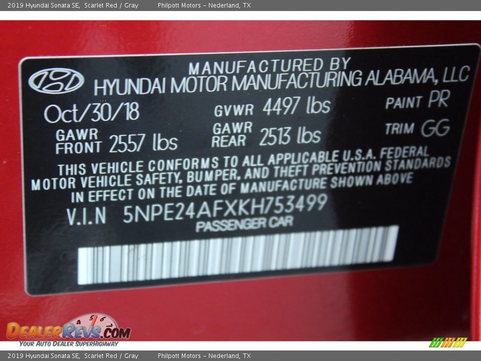 2019 Hyundai Sonata SE Scarlet Red / Gray Photo #32