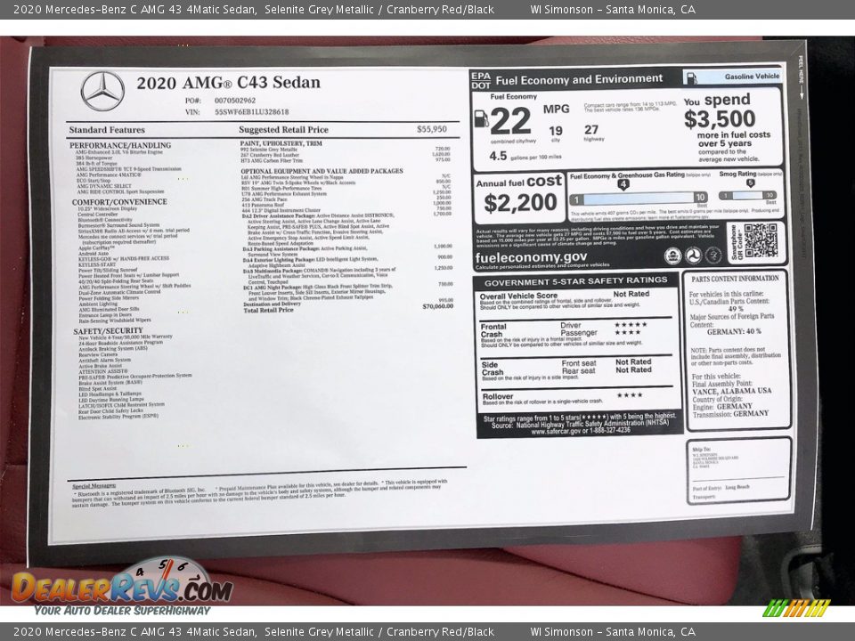 2020 Mercedes-Benz C AMG 43 4Matic Sedan Selenite Grey Metallic / Cranberry Red/Black Photo #10