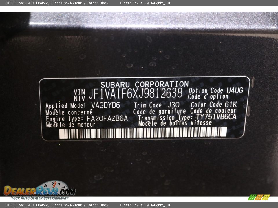 2018 Subaru WRX Limited Dark Gray Metallic / Carbon Black Photo #19
