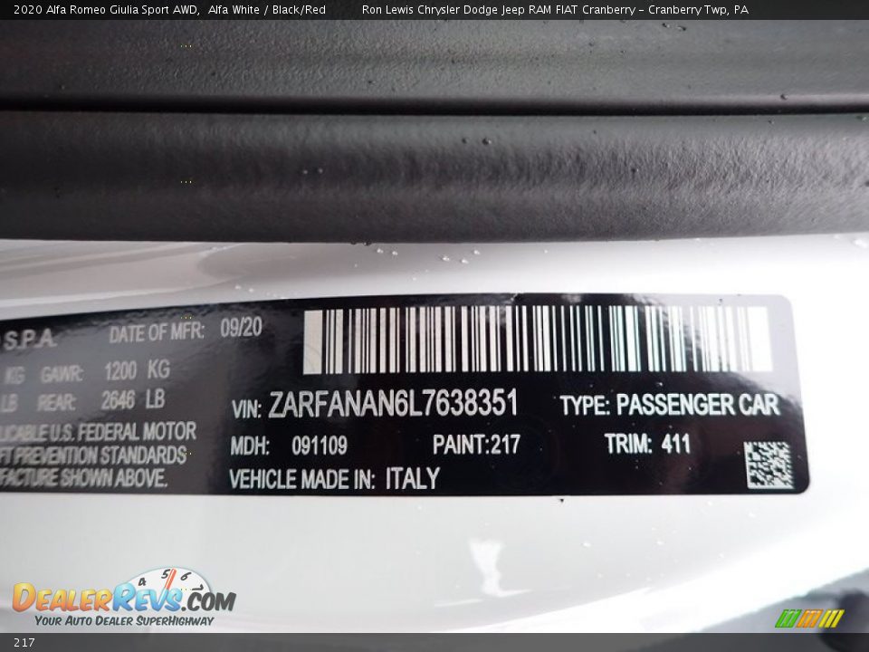 Alfa Romeo Color Code 217 Alfa White