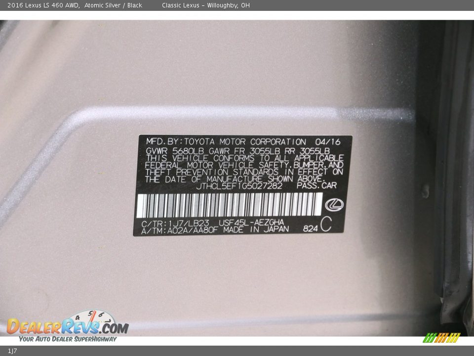 Lexus Color Code 1J7 Atomic Silver