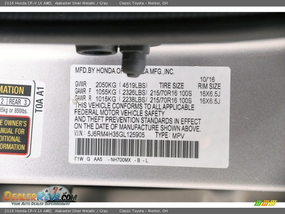 2016 Honda CR-V LX AWD Alabaster Silver Metallic / Gray Photo #19