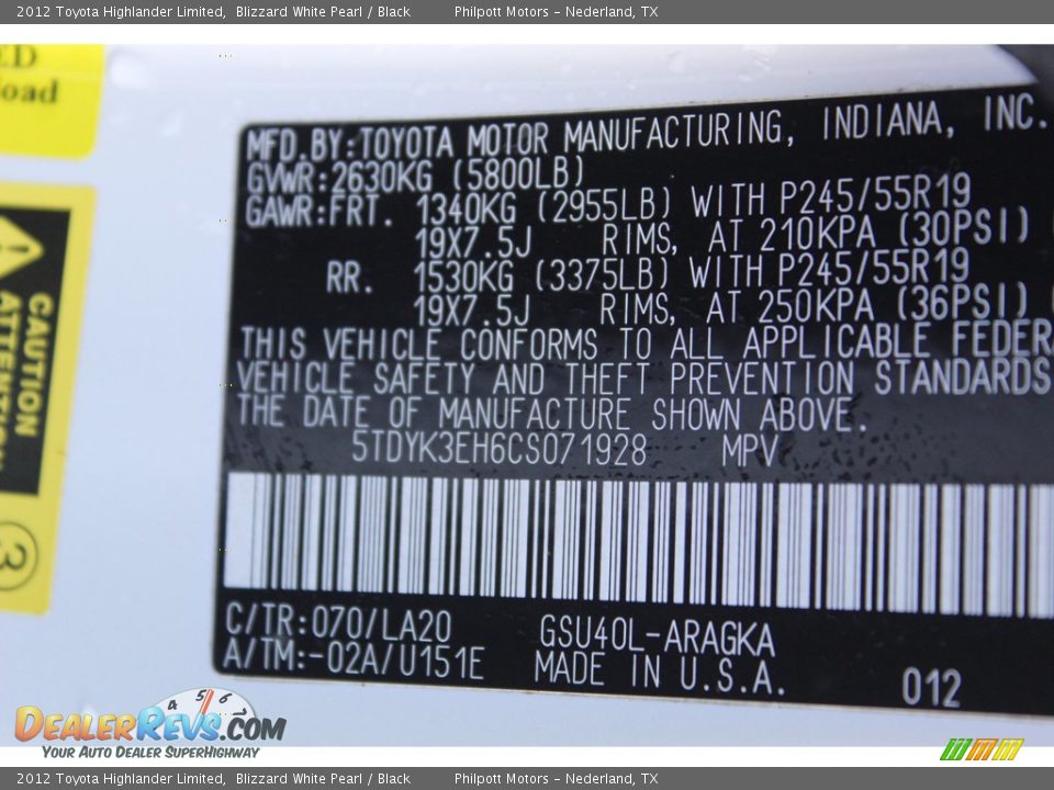 2012 Toyota Highlander Limited Blizzard White Pearl / Black Photo #29