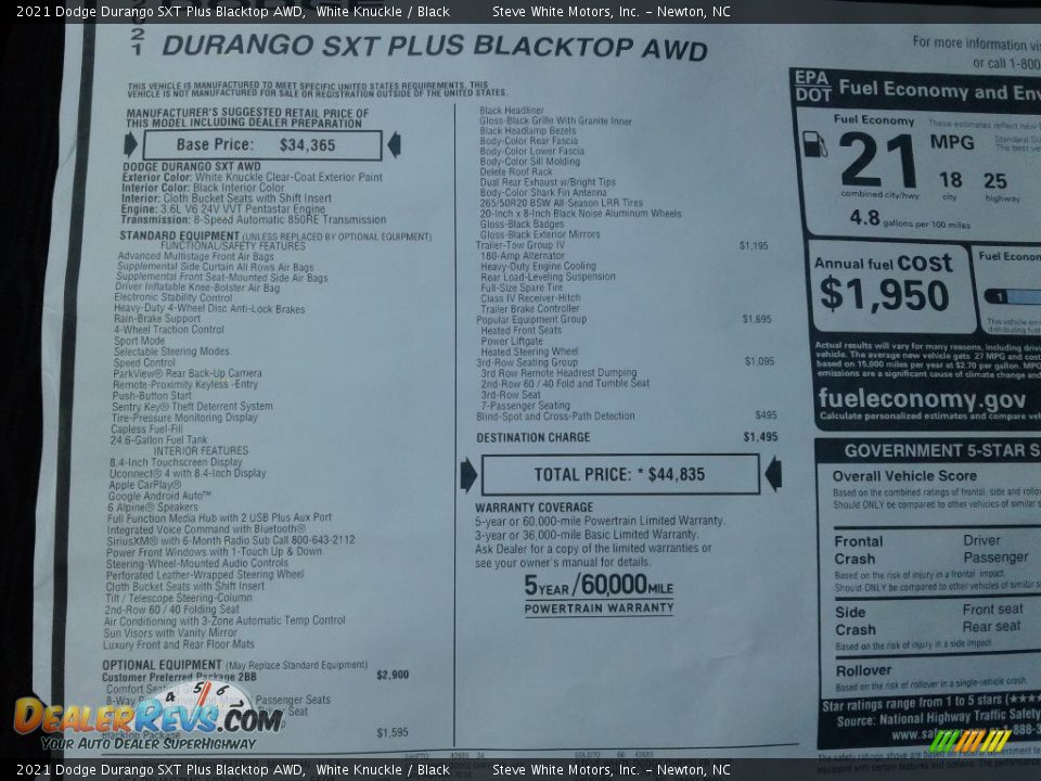 2021 Dodge Durango SXT Plus Blacktop AWD White Knuckle / Black Photo #31