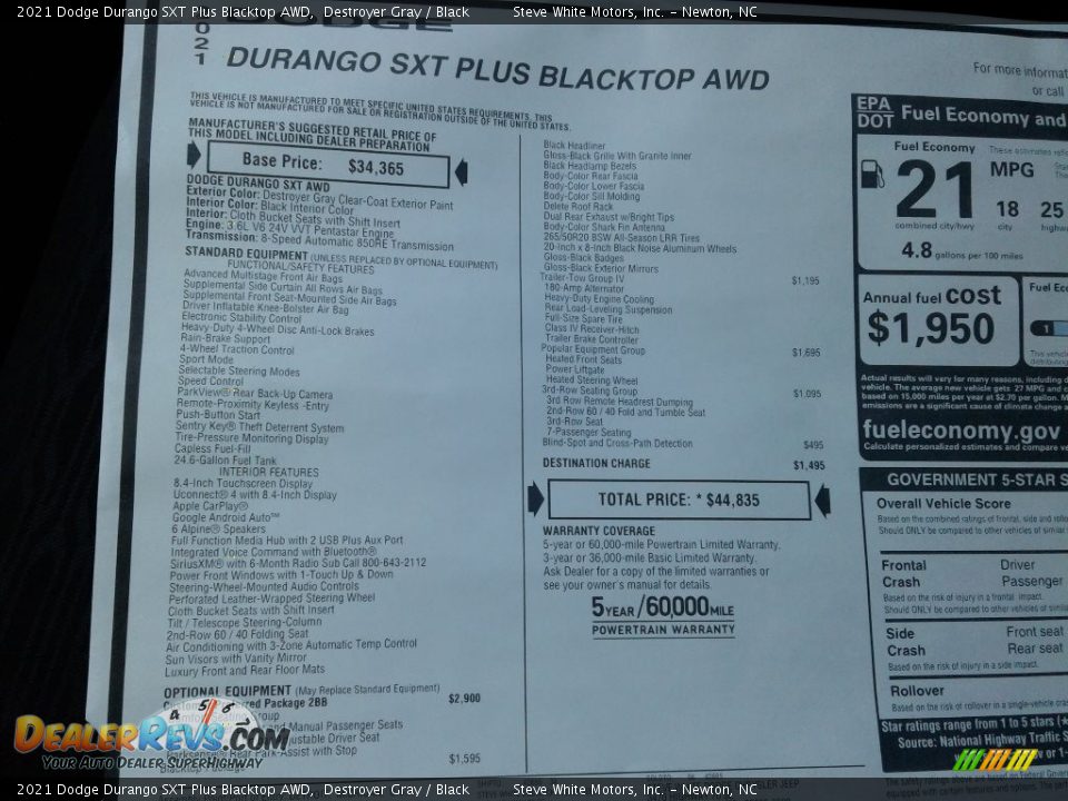 2021 Dodge Durango SXT Plus Blacktop AWD Window Sticker Photo #30