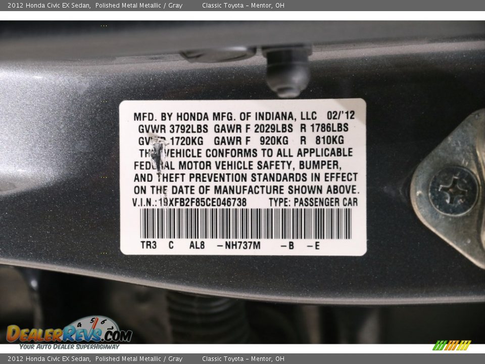 2012 Honda Civic EX Sedan Polished Metal Metallic / Gray Photo #22