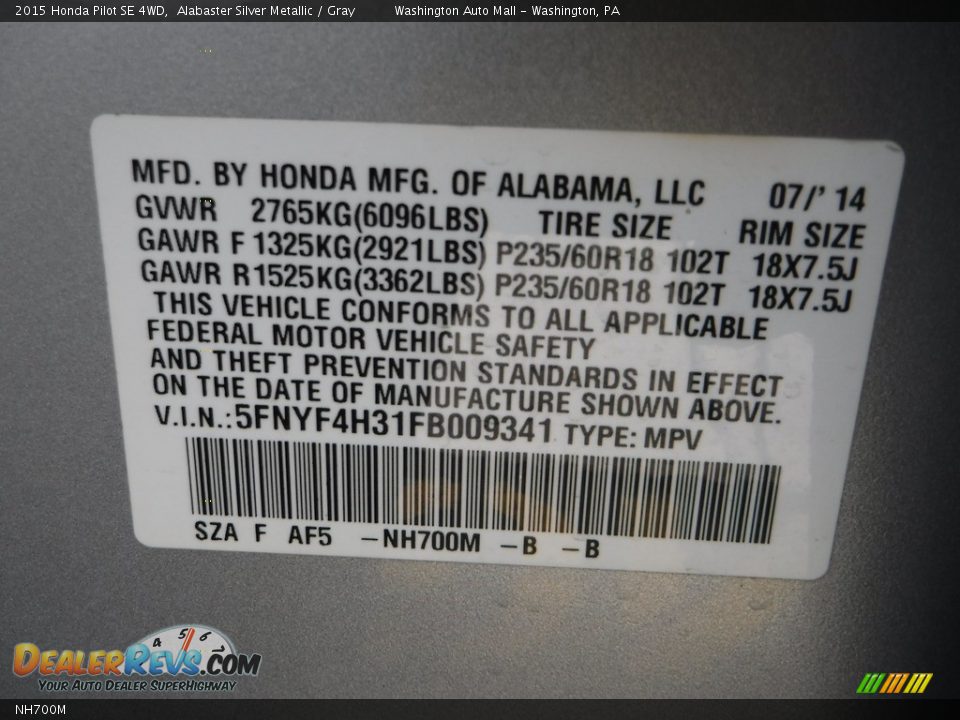 Honda Color Code NH700M Alabaster Silver Metallic