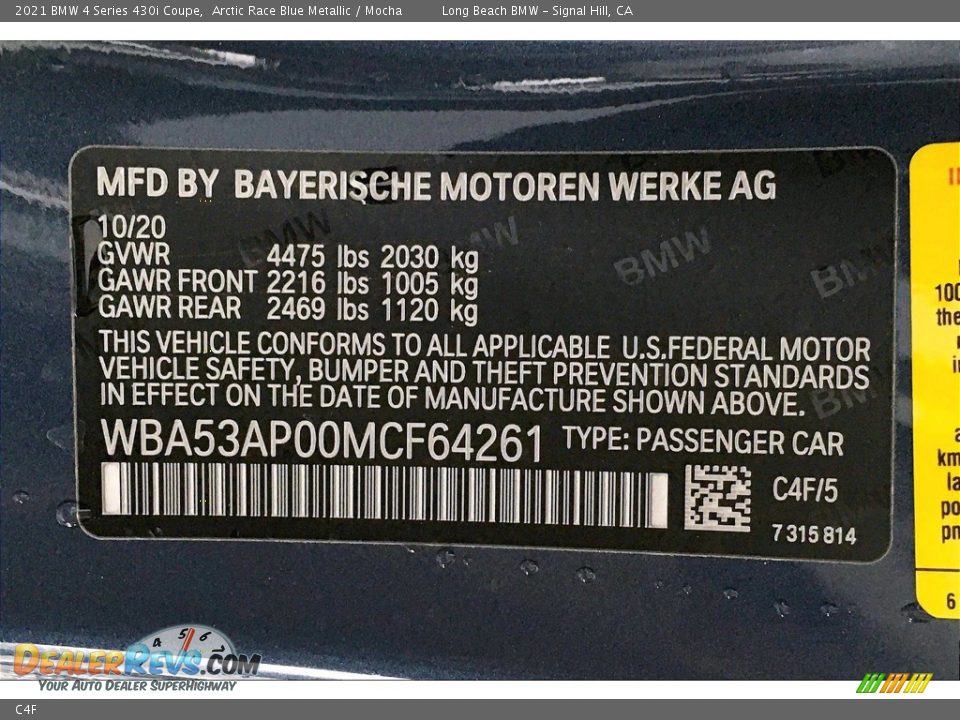 BMW Color Code C4F Arctic Race Blue Metallic