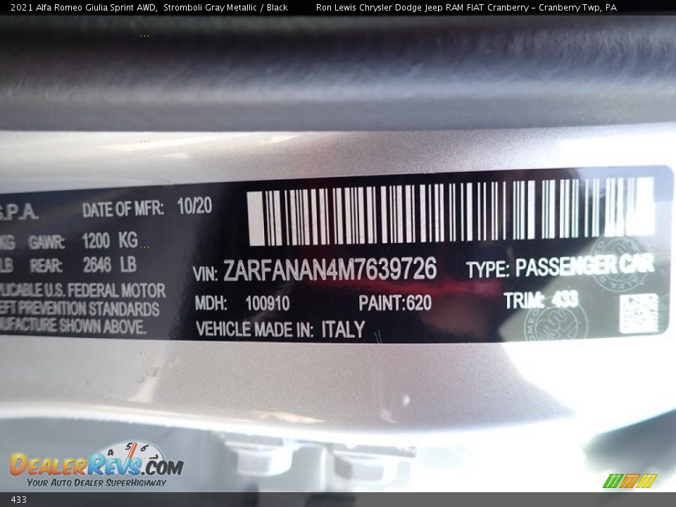 Alfa Romeo Color Code 433 Stromboli Gray Metallic