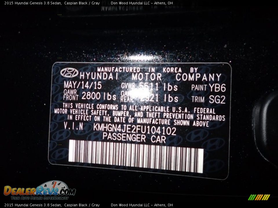 2015 Hyundai Genesis 3.8 Sedan Caspian Black / Gray Photo #35