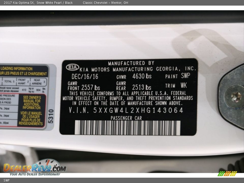 Kia Color Code SWP Snow White Pearl