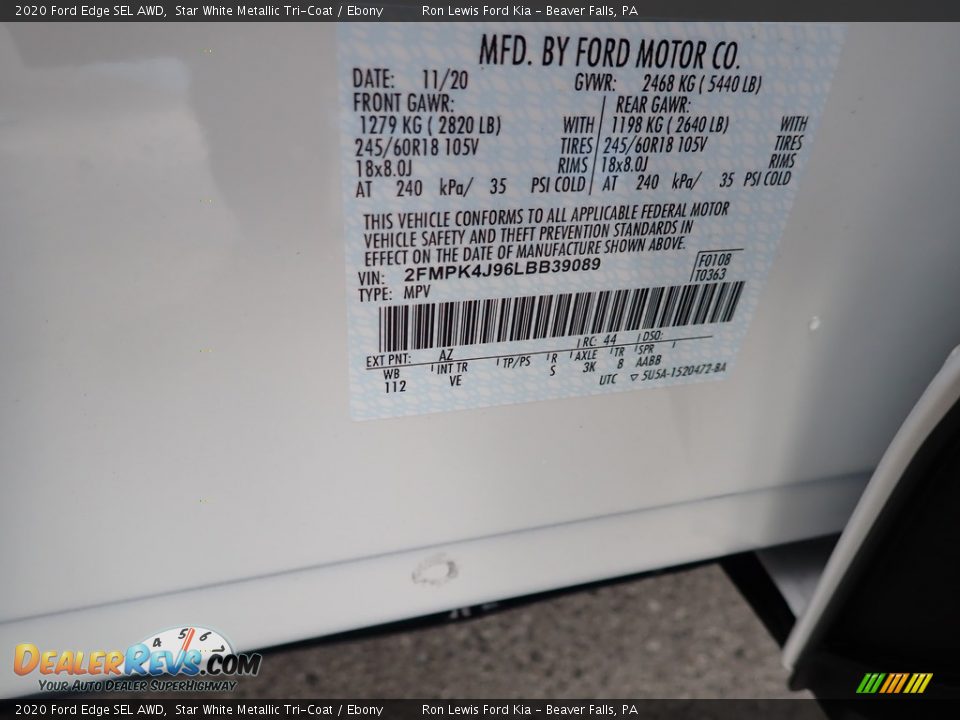 2020 Ford Edge SEL AWD Star White Metallic Tri-Coat / Ebony Photo #14