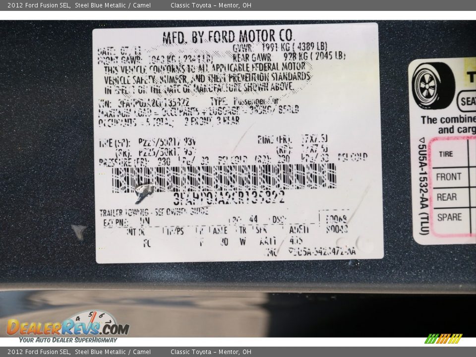 2012 Ford Fusion SEL Steel Blue Metallic / Camel Photo #19